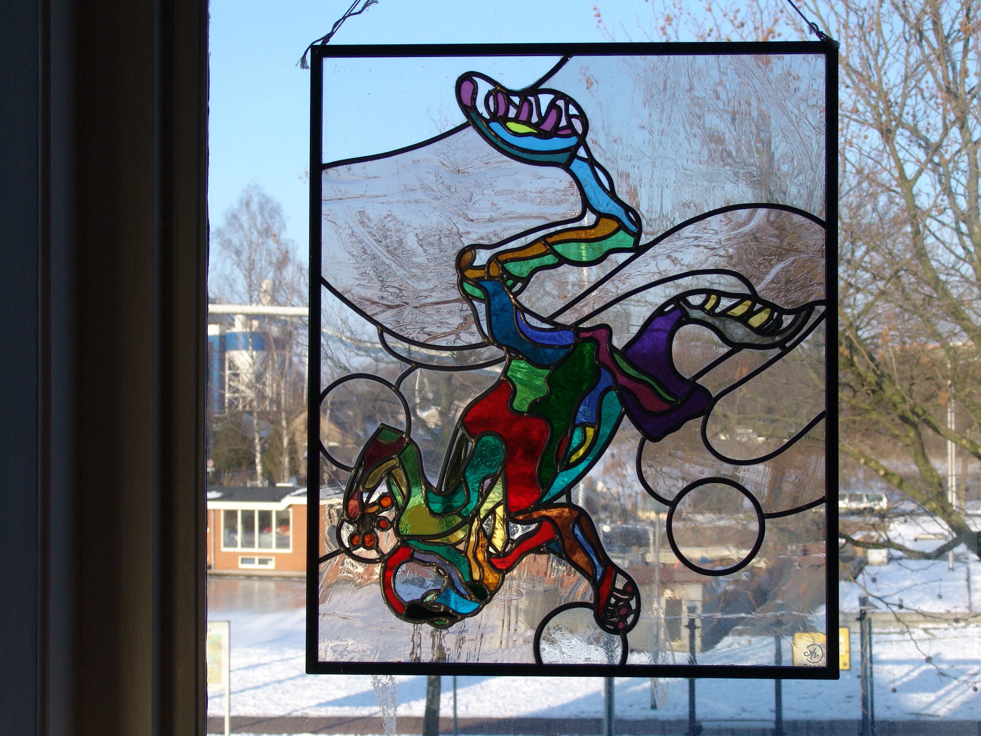 Glas in lood hanger met kikker, ca. 53 x 63cm